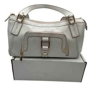 Liz & Co Women's White Leather Shoulder Bag Gold Accents Zip Closure